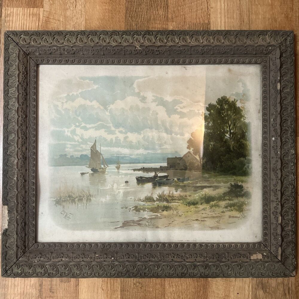 Antique Carl Weber Landscape Watercolor Painting Sailboat Bayside Landscape